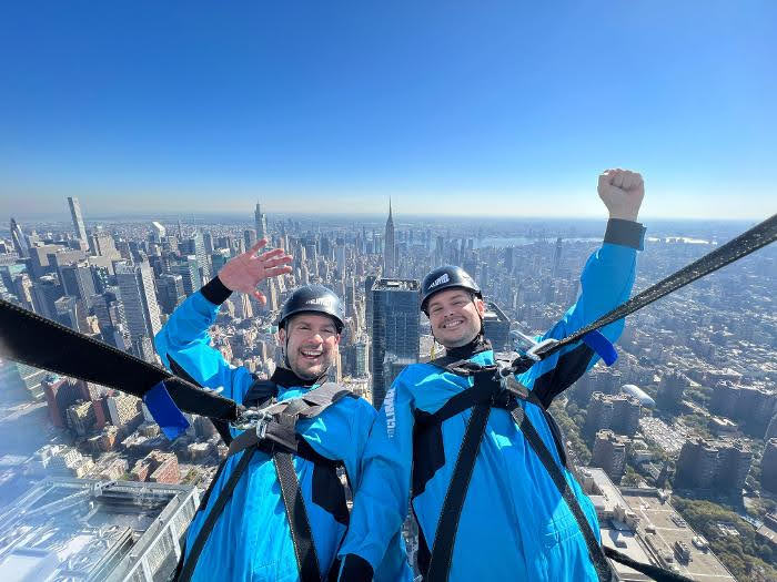 Michael Harn skydiving above a city